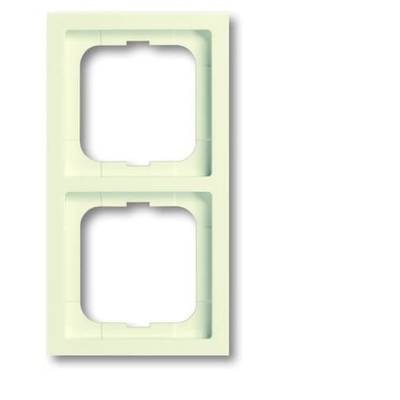 Kader voor twee stopcontacten, rechthoekig en crèmekleurig, klaar voor installatie aan een muur.