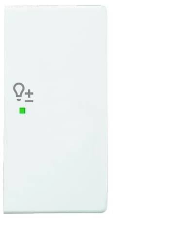 Een lichtschakelaar met een gloeilampje en daaronder een groene verlichte stip, wat aangeeft dat het licht aan staat.