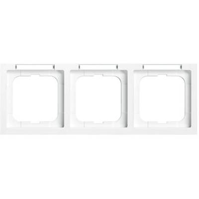Drie naast elkaar geplaatste witte kunststof frames voor elektrische schakelaars of stopcontacten, met een vierkante opening in elk frame.