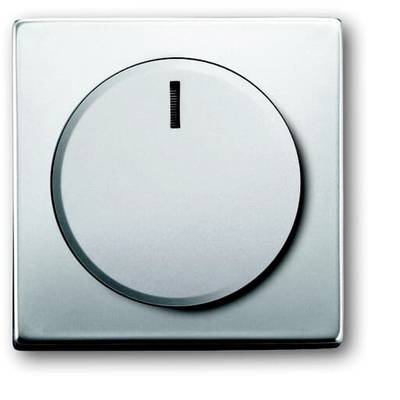 Lichtschakelaar in zilverkleurige afwerking, vormgegeven als een grote ronde knop in een vierkante lijst.