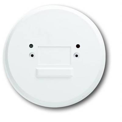 Een ronde, witte rookmelder zonder zichtbare merkaanduiding. Twee kleine led's geven bedrijfstoestanden aan. Geschikt voor plafondmontage.