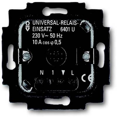 Zwart universeel relais, model 6401 U, 230 V ~ 50 Hz, 10 A, N- en L-aansluitingen zichtbaar, geschikt voor elektrische schakelingen.