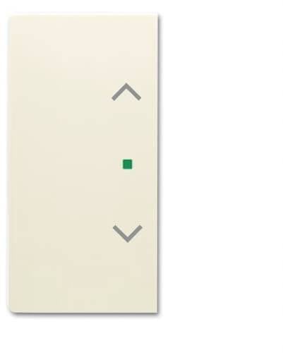 Een rechthoekige schakelaar met twee pijlen voor omhoog en omlaag, geschikt voor het bedienen van apparaten zoals jaloezieën. Een groen licht geeft activiteit aan.