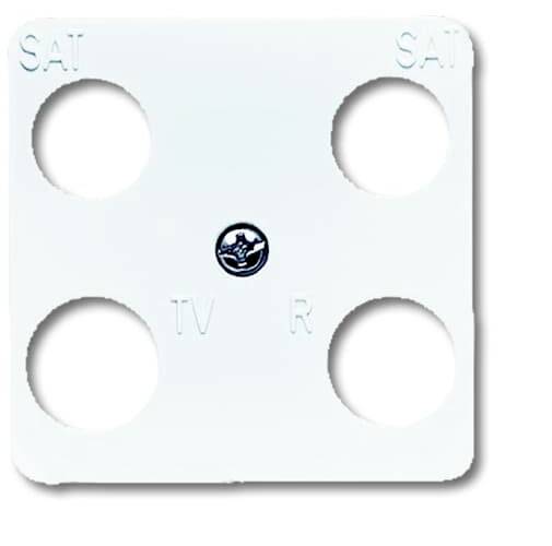 Witte aansluitplaat met vier gaten, gemarkeerd met 'SAT', 'SAT', 'TV', 'R'. In het midden een logo.