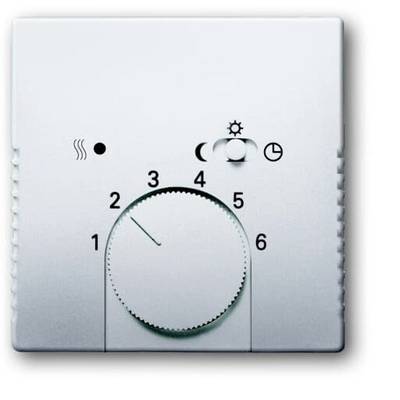 Een wit thermostaat met een draaiknop die schalen van 1 tot 6 weergeeft. Bovenaan bevinden zich symbolen voor verwarming, nachtmodus, dagmodus en timer.