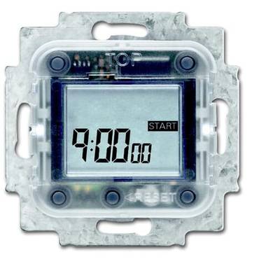 Digitale tijdschakelklok, toont '9:00' en 'START'. Rechthoekig display met resetknop, gemonteerd op metalen plaat.