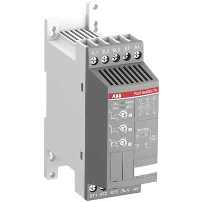 Een grijs elektrisch apparaat van ABB, model PSR16-600-70, met meerdere aansluitingen en schakelaars, gemonteerd op een wandbeugel.