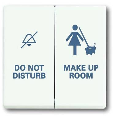 Schakelaar met twee opties: links 'Niet storen' met doorgestreepte bel, rechts 'Kamer opruimen' met figuur die schoonmaakt.