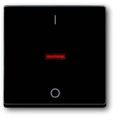 Een zwarte lichtschakelaar met een rode, horizontale indicator in het midden en een cirkelvormig symbool onderaan.
