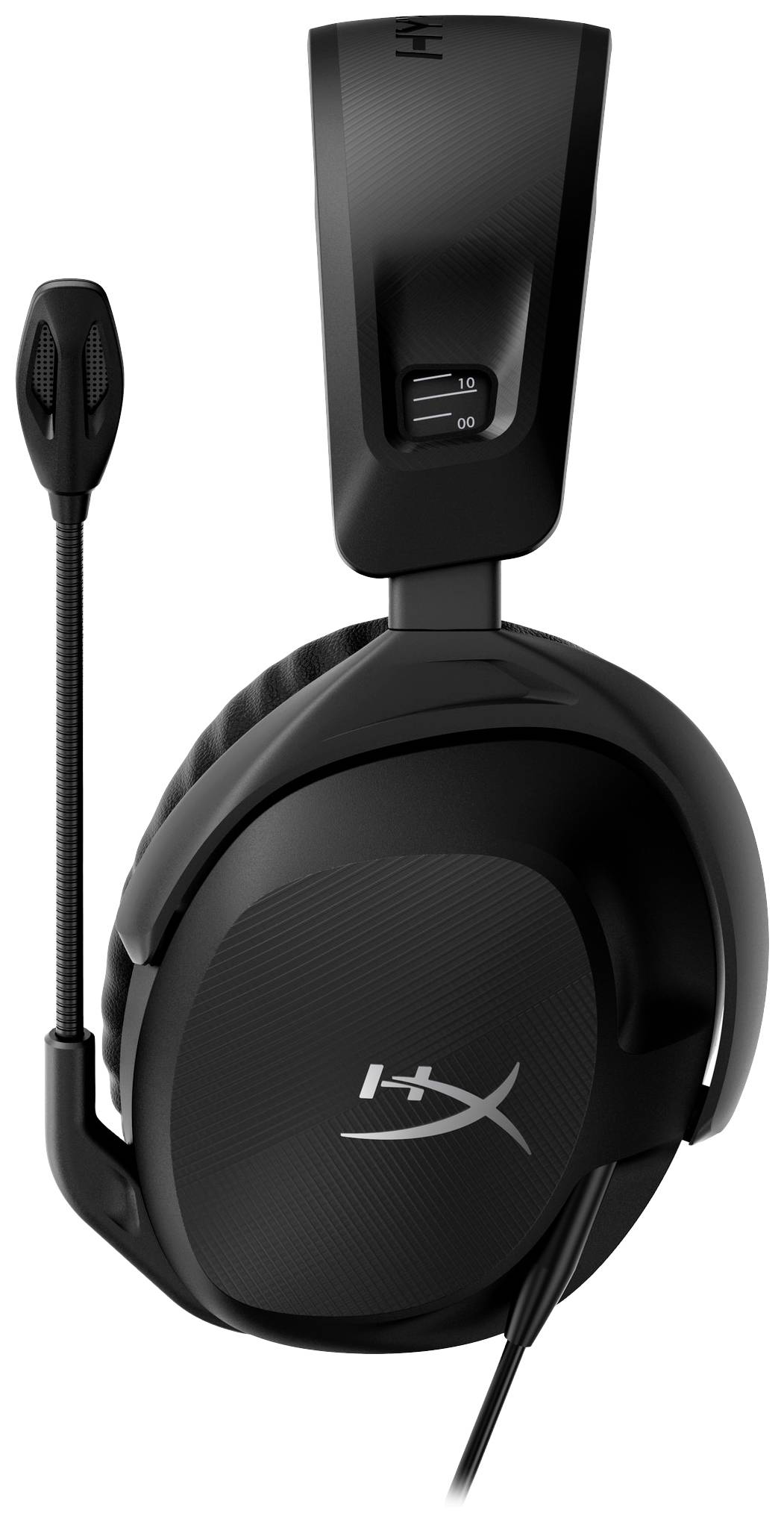 Zwart over-ear headset met microfoonarm, merkenlogo zichtbaar op de oorschelp. Ideaal voor gaming en communicatie.