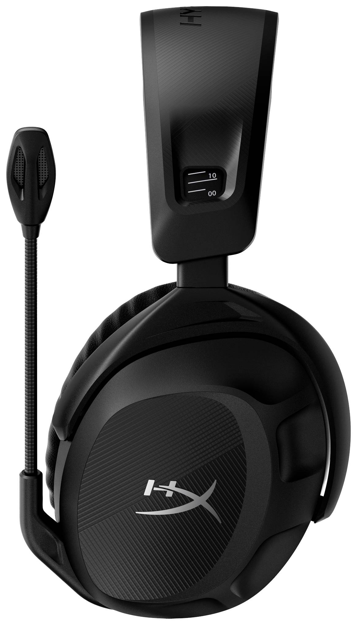 Zwarte gaming-headset met microfoonarm aan de linkerzijde, logo op de oorschelp, geschikt voor gamers.