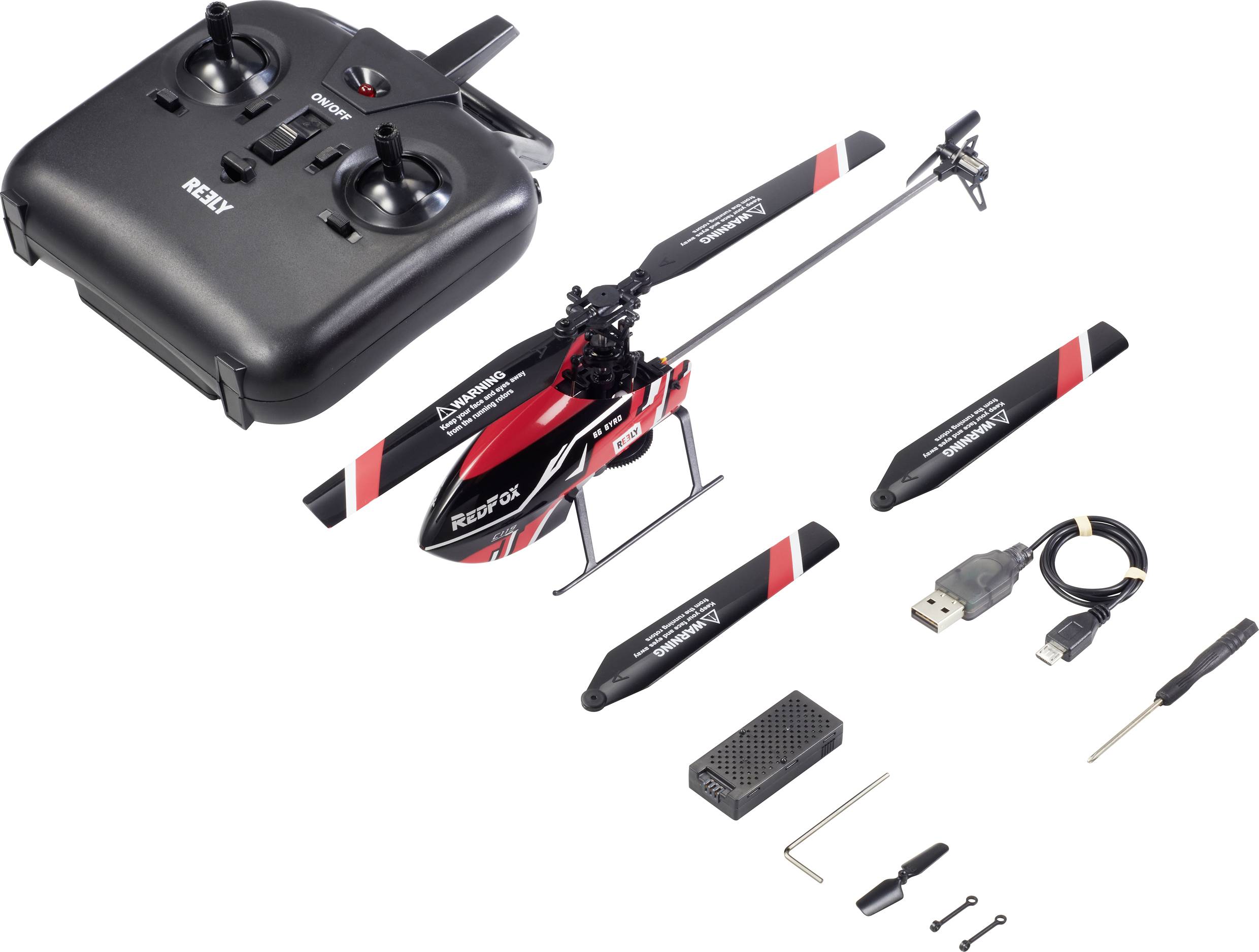 Speelgoed-helikopterset met afstandsbediening, rotorbladen, USB-oplaadkabel, schroevendraaier en kleine reserveonderdelen op witte achtergrond.