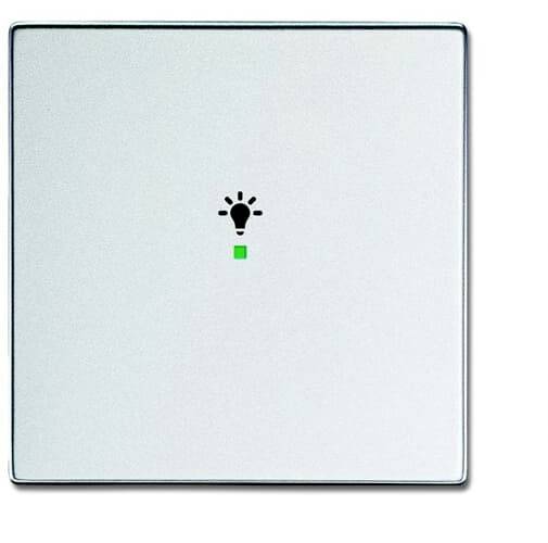 Een lichtschakelaar met een klein groen statuslampje en een symbool van een gloeilamp in het midden; geeft aan dat het licht aan staat.