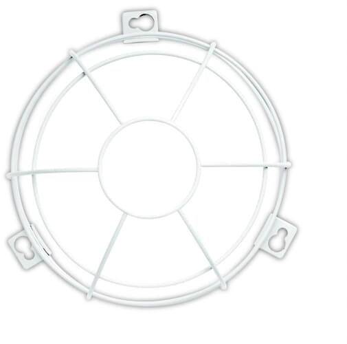Een wit, rond beschermrooster met bevestigingsgaten, geschikt voor het afdekken van ventilatoren of ventilatieopeningen.