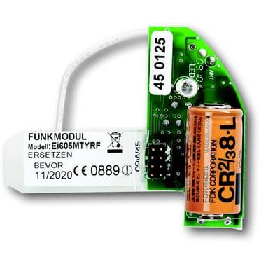 Elektronische radiomodule met batterij. Etiket toont modelnummer Ei606MTYR en vervangingsdatum vóór november 2020.