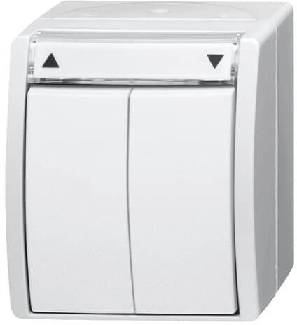 Een witte dubbele drukknop met zwarte pijlsymbolen omhoog en omlaag, geschikt voor het bedienen van jaloezieën of rolluiken.