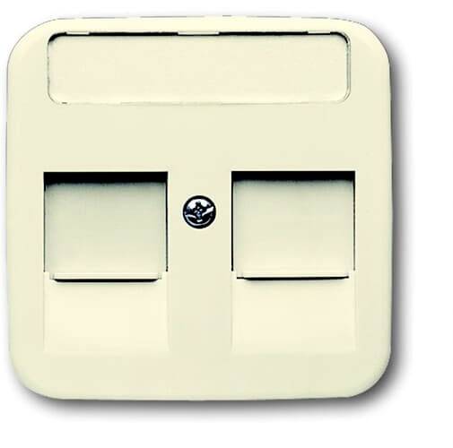 Een beige netwerkaansluiting met twee poorten en een centrale schroef voor montage aan de muur.