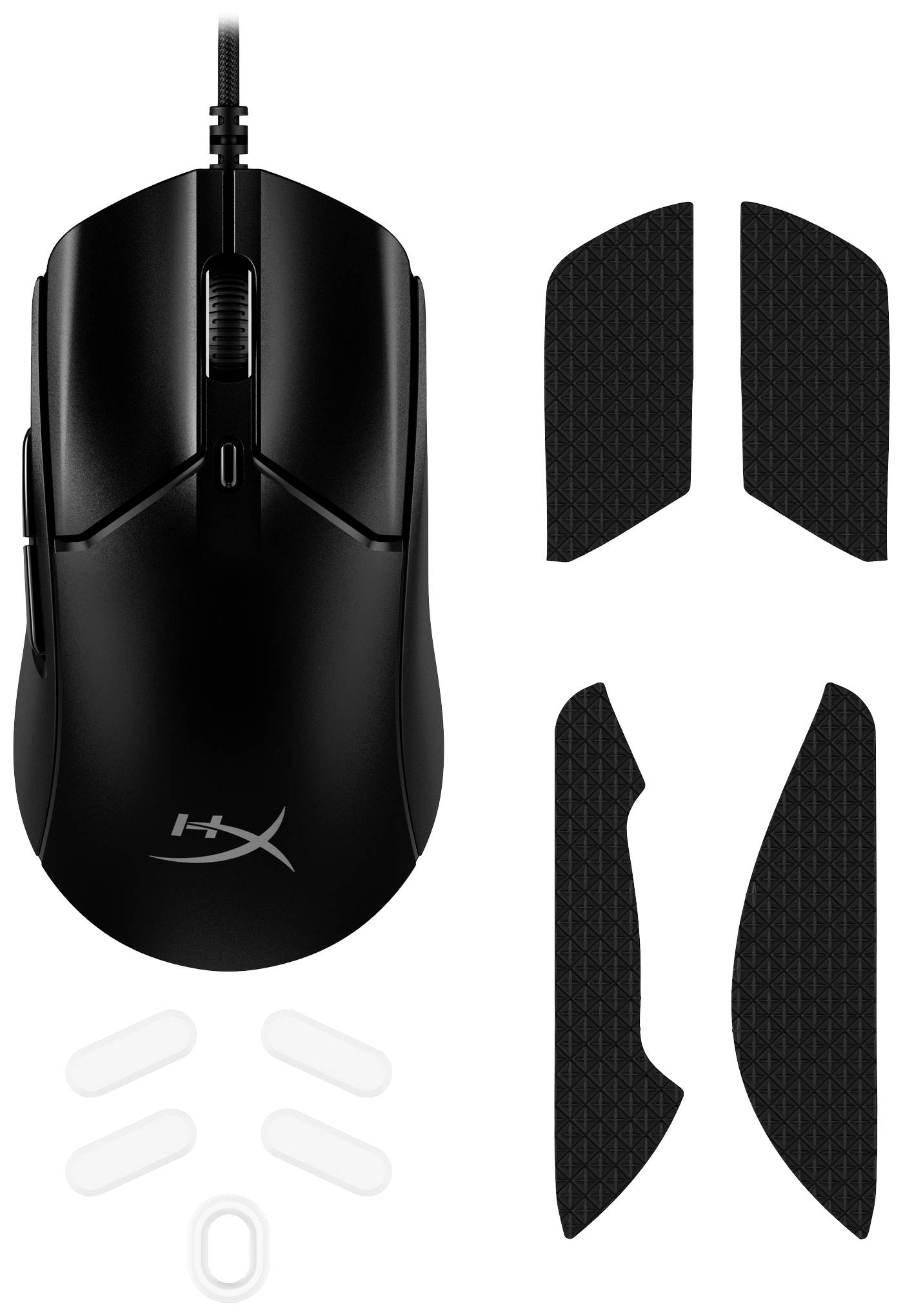 Zwarte computermuis met HyperX-logo, omringd door extra zwarte en witte muisgrepen voor personalisatie en aanpassing.