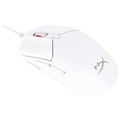 Witte computermuis met bekabelde aansluiting, rode accenten en een zijknop. Merklogo en tekst aan de bovenkant.