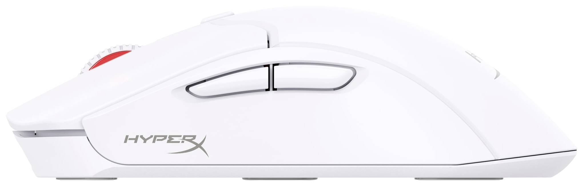 Witte draadloze gamingmuis van opzij, met twee knoppen aan de linkerkant en een rode scrollwiel.
