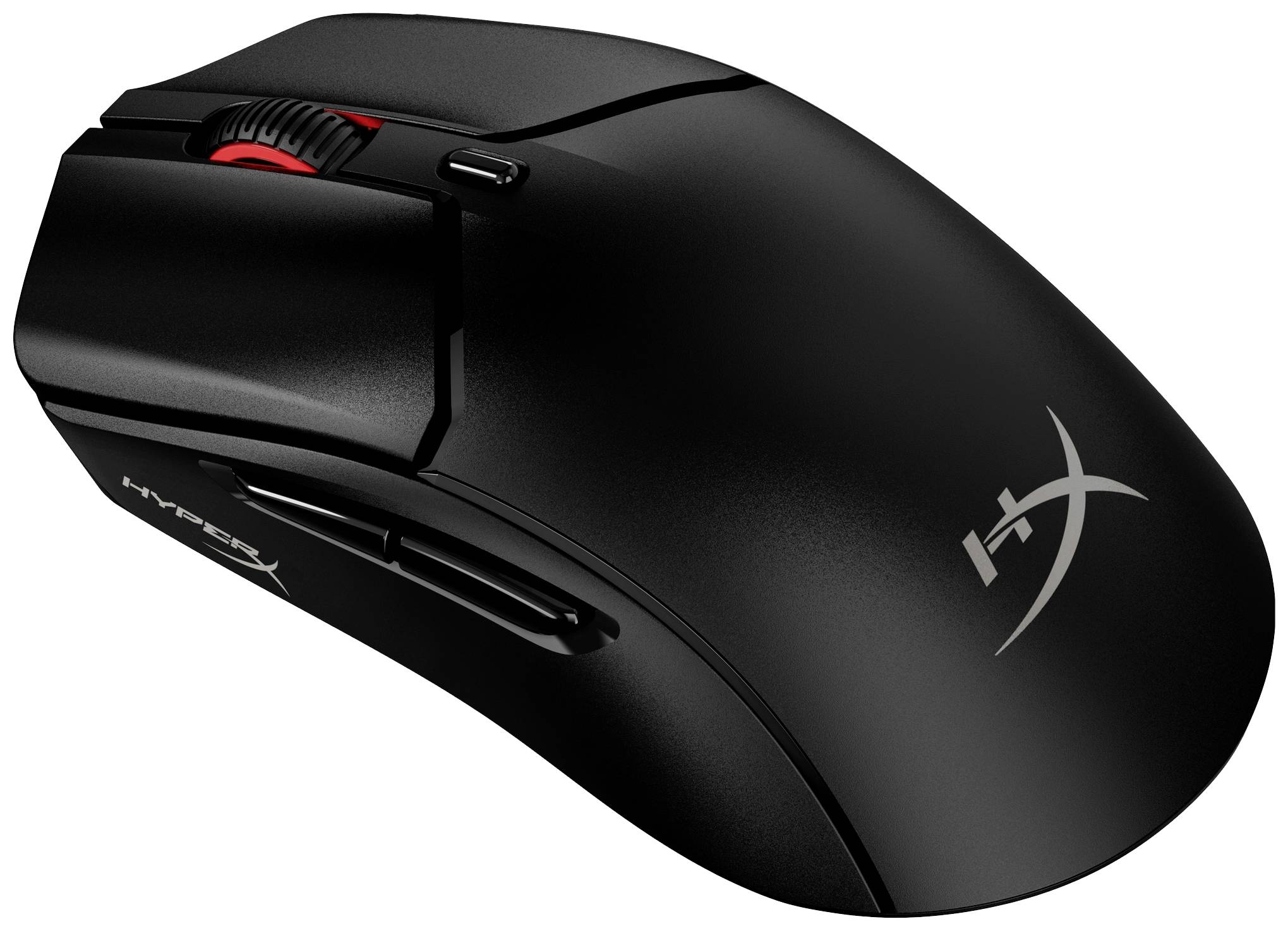Zwarte gamingmuis met een rood muiswiel en HyperX-logo; aan de zijkant bevinden zich extra knoppen voor uitgebreide functies.