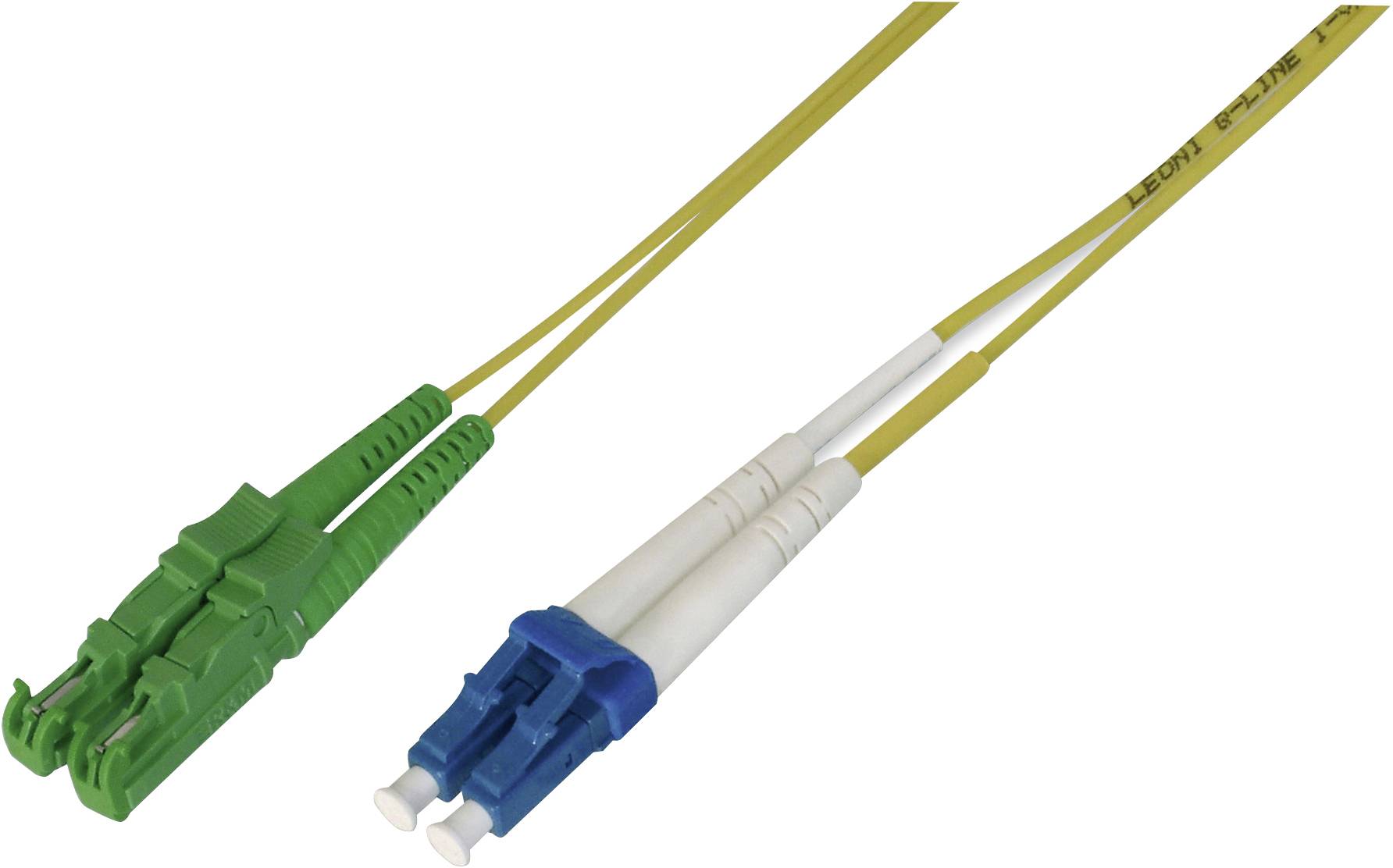 De afbeelding toont twee glasvezelkabelconnectoren: links een groene SC-connector, rechts een blauwe LC-connector. Beide zijn bedoeld voor netwerktoepassingen.