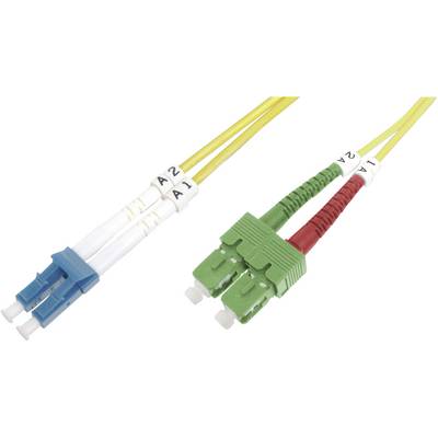 Twee glasvezelkabels met LC- en SC-connectoren; een blauw-wit en een groen-rood kabel, die worden gebruikt voor netwerkverbindingen.