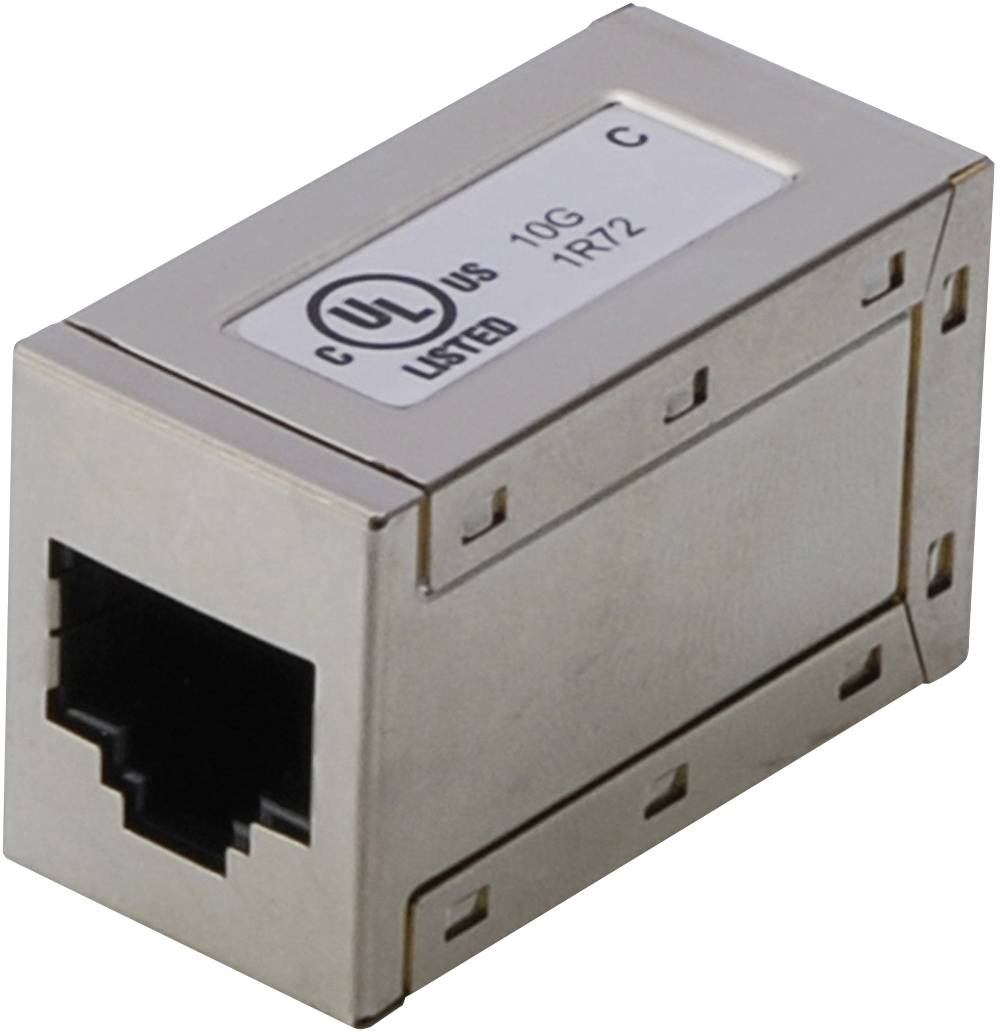 Een RJ45-Cat6a-koppelstuk in een zilver metalen behuizing met 'UL Listed' markering. Geschikt voor het verbinden van netwerkkabels.