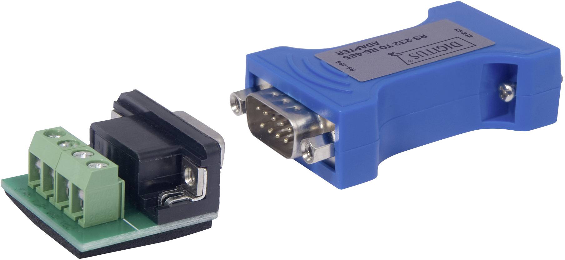 'Blauwe RS-232 naar RS-485 converter, toont aansluitingen aan voor- en achterzijde.'