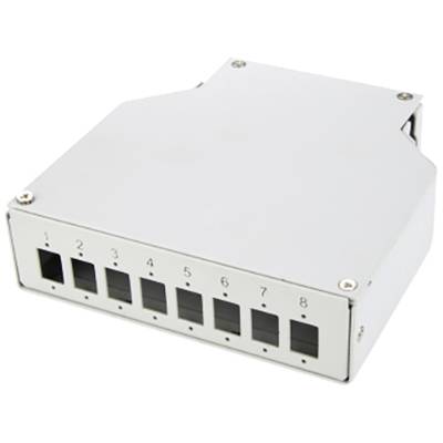 Metalen behuizing met acht genummerde RJ45-poorten, geschikt voor netwerkbekabelingsbeheer of patchpanel-integratie.