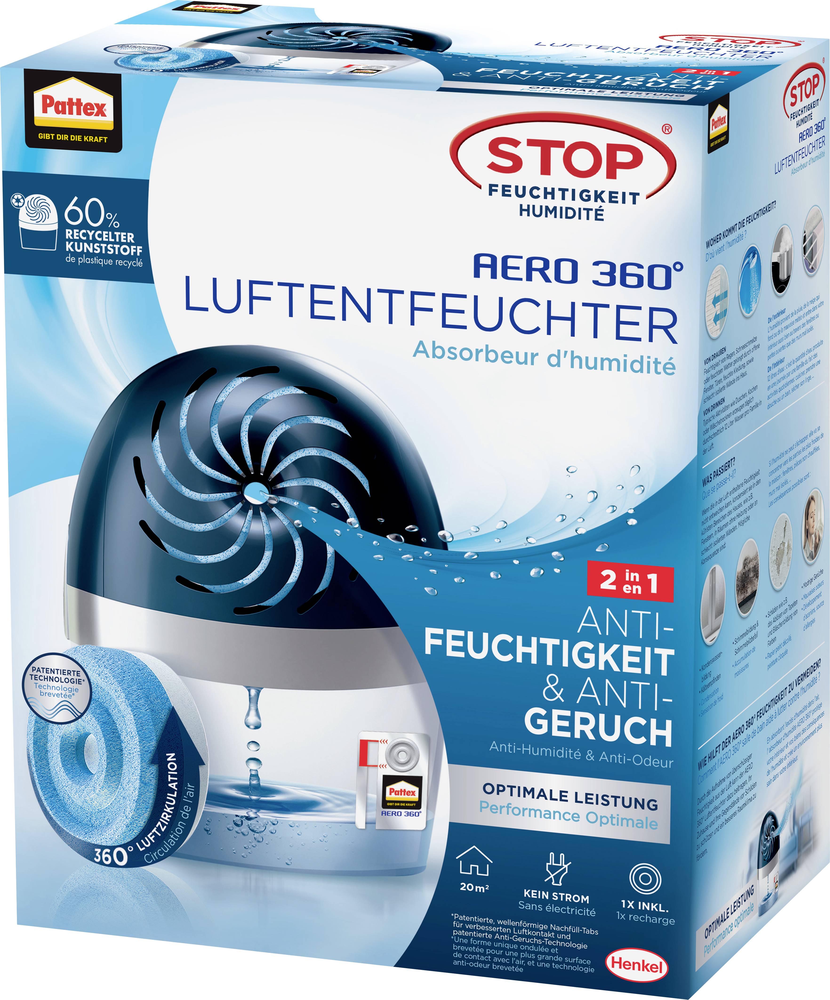 Een verpakking van de 'Stop Aero 360° Vochtabsorber'. Adverteert met een 2-in-1 anti-vocht en anti-geuroplossing. Geschikt voor ruimtes tot 20m².