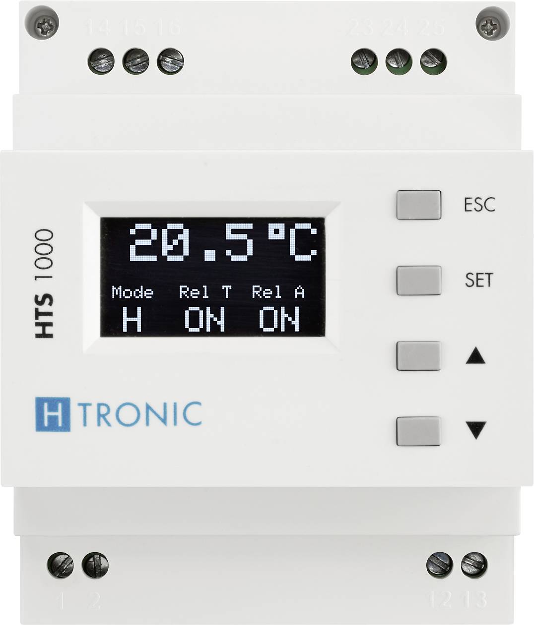 Digitale thermostaat-controller, toont '20.5°C', met schakelaars voor besturingsmodus, relais, temperaturen.