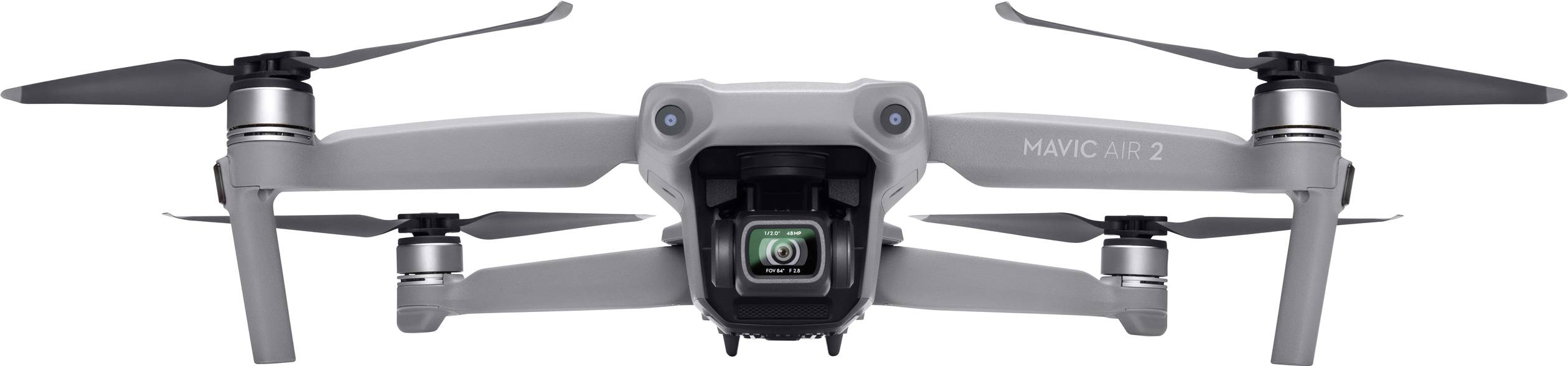 Grijze drone met vier propellers en een camera aan de voorkant, model Mavic Air 2.