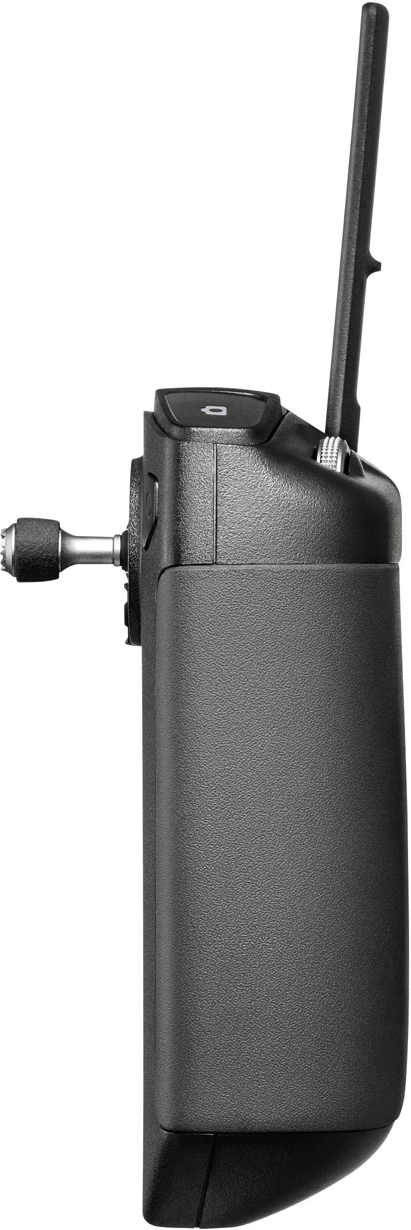 Zwart opvouwbare mobiele telefoon met uittrekbare antenne, gezien van opzij. Het design oogt stevig en vintage.