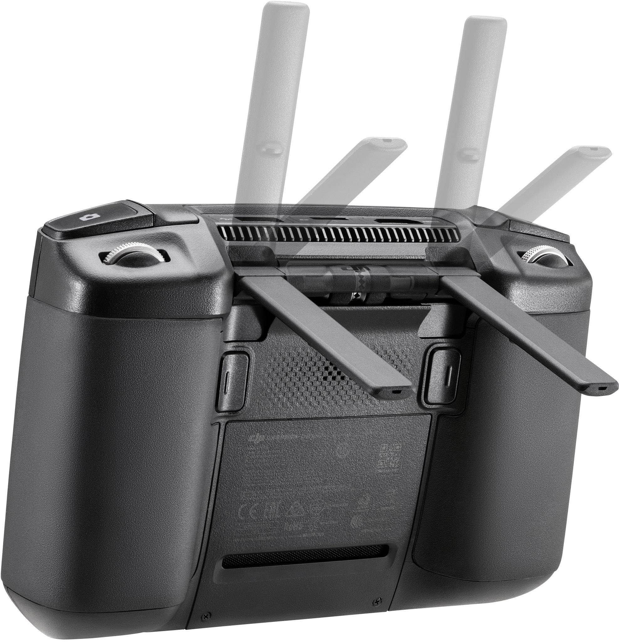 Zwart-grijze controller met vier uitgeklapte antennes, waarschijnlijk voor het besturen van een drone of een vergelijkbaar apparaat.