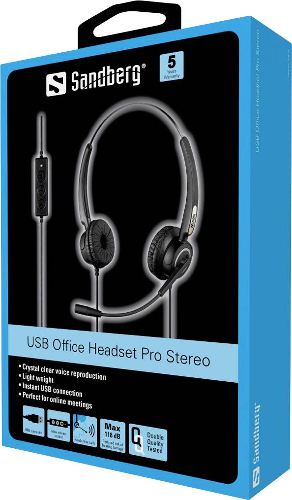 Een verpakking met de opdruk 'Sandberg USB Office Headset Pro Stereo'. Kenmerken: heldere spraakweergave, lichtgewicht, USB-aansluiting, ideaal voor online vergaderingen. 5 jaar garantie.