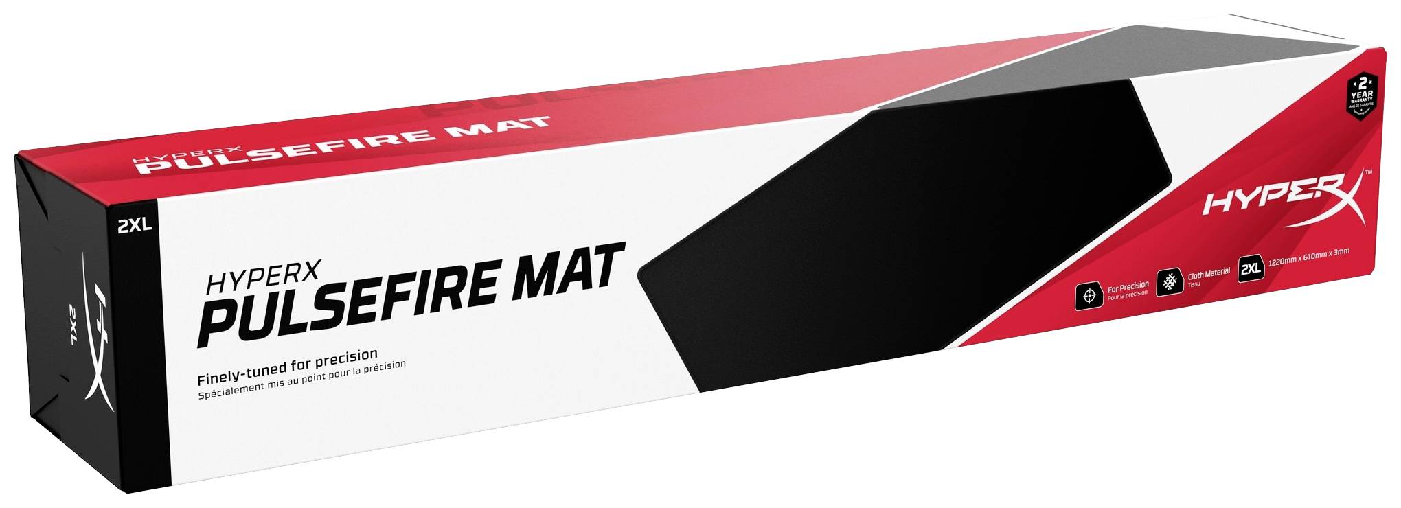 Verpakking van de HyperX Pulsefire Mat 2XL, zwart-rood, 'Fijnafgesteld voor precisie' staat aan de zijkant van de doos.