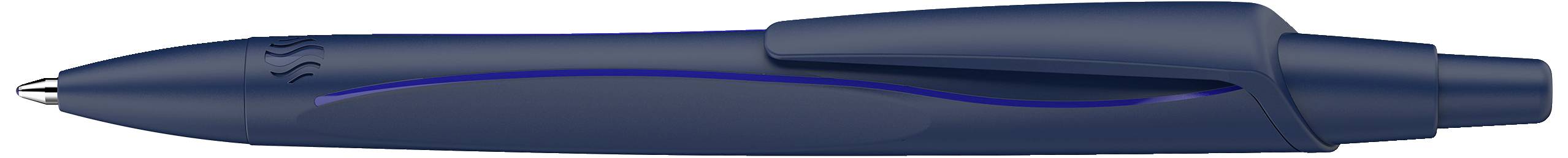 Een blauwe pen met uitgeschoven punt en ergonomische vorm, geschikt voor comfortabel schrijven.