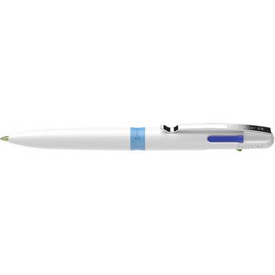 Een witte pen met een blauwe greep en een clip met de tekst 'Recycled'.