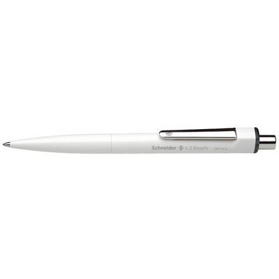 Witte pen met zilveren clip en zwarte punt. Zijaanzicht, toont het opschrift 'Schneider' en modelnaam.