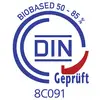 'DIN getest' Logo toont 50-85% bio-based.