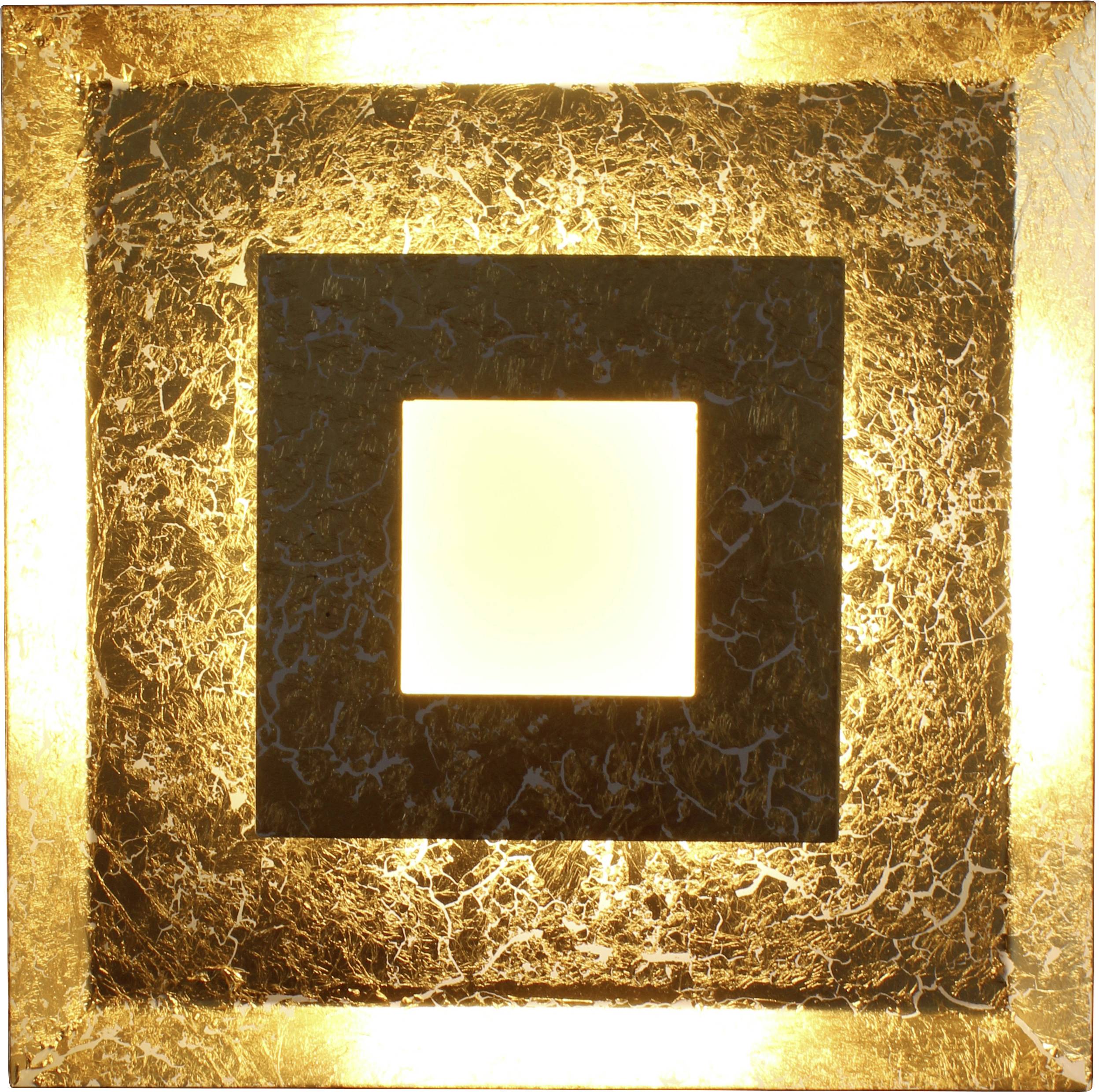 Een gouden vierkant met een stralend centrum, omgeven door gestructureerde goud-bruine randen, creëert een warm lichtspel.