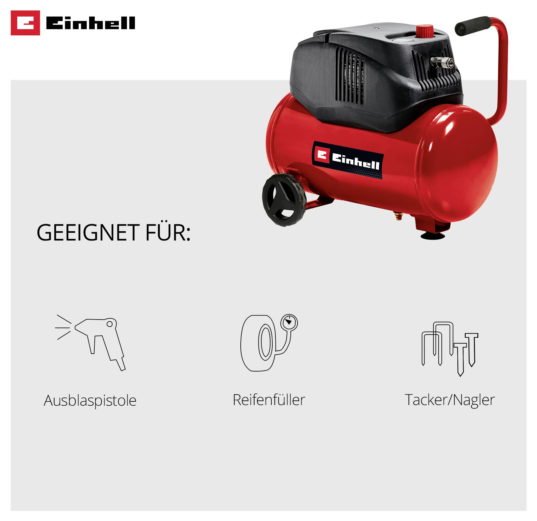 Einhell-compressor met vermelding 'geschikt voor': uitblaaspistool, bandenpomp en tacker/spijker.