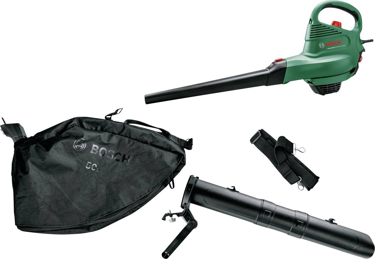 Een groene Bosch bladblazer met zuigbuis, blaaspijp en opvangzak, weergegeven op een witte achtergrond.