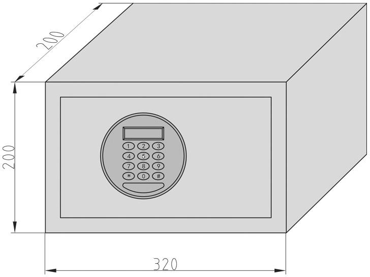 Een rechthoekige kluis met een elektronisch toetsenblok aan de voorkant. De afmetingen zijn 200 mm hoog, 200 mm diep, 320 mm breed.