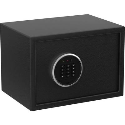 Een zwarte kluis met een digitaal toetsenblok aan de voorkant voor het invoeren van een code.