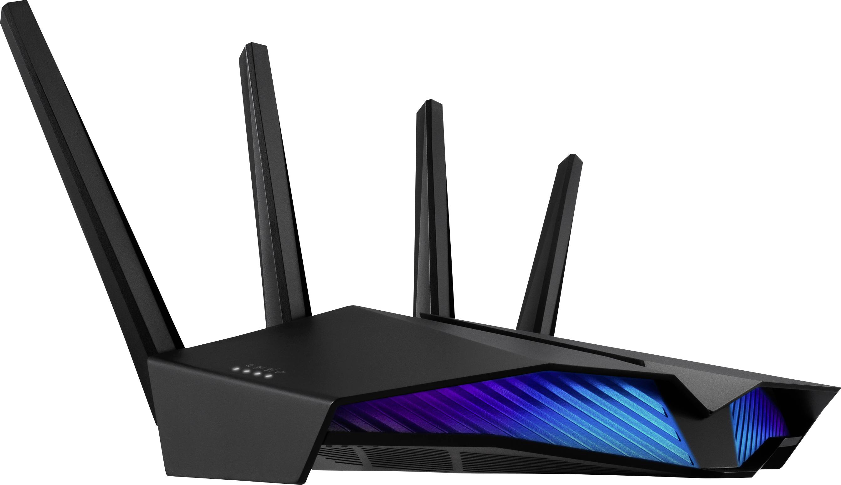Een zwarte wifi-router met vier antennes en een blauwe LED-indicator, weergegeven op een witte achtergrond.