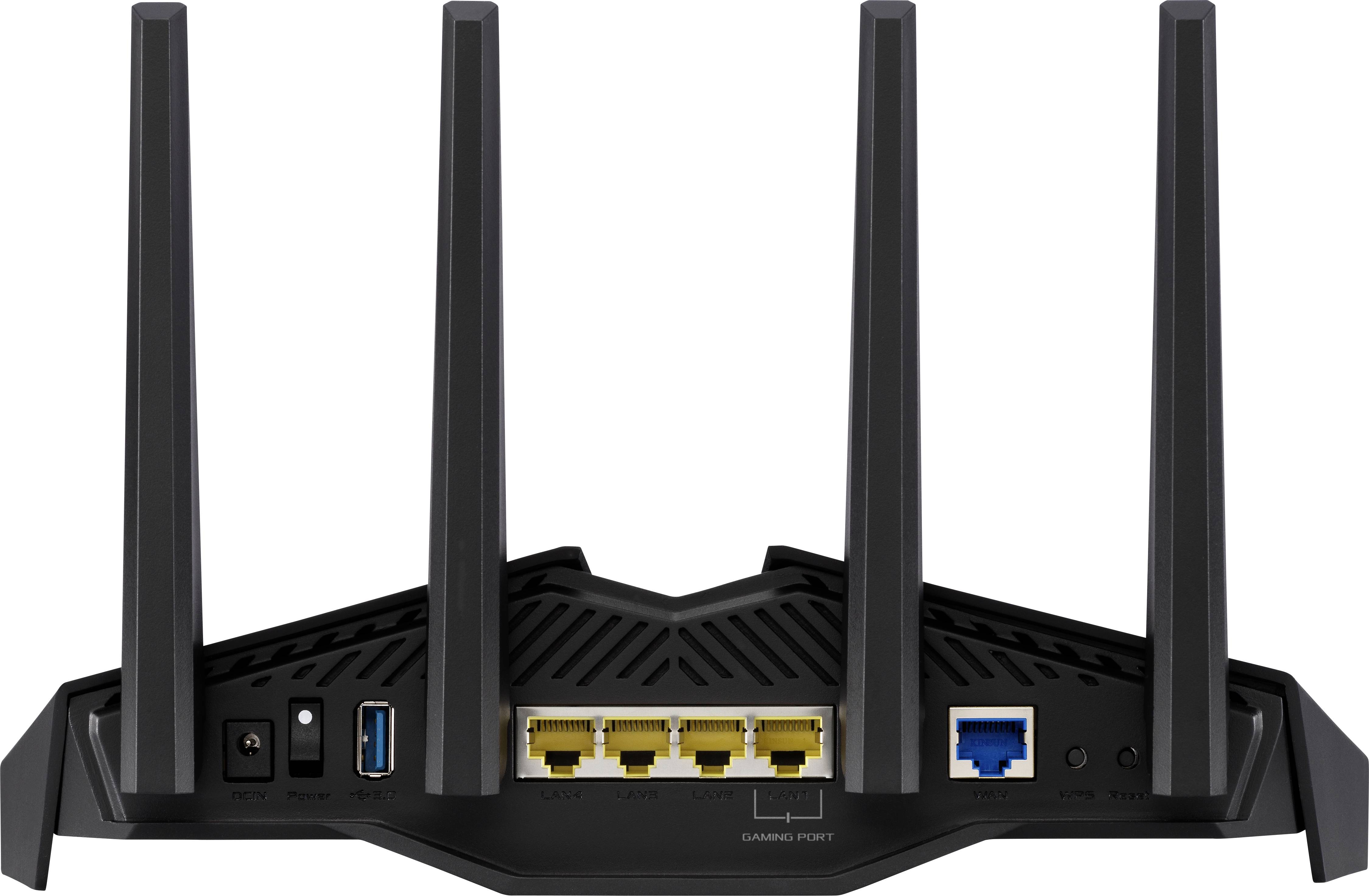 Een zwarte router met vier antennes. Aan de achterkant bevinden zich meerdere aansluitingen, waaronder een blauwe Ethernet-poort en vier gele LAN-poorten.