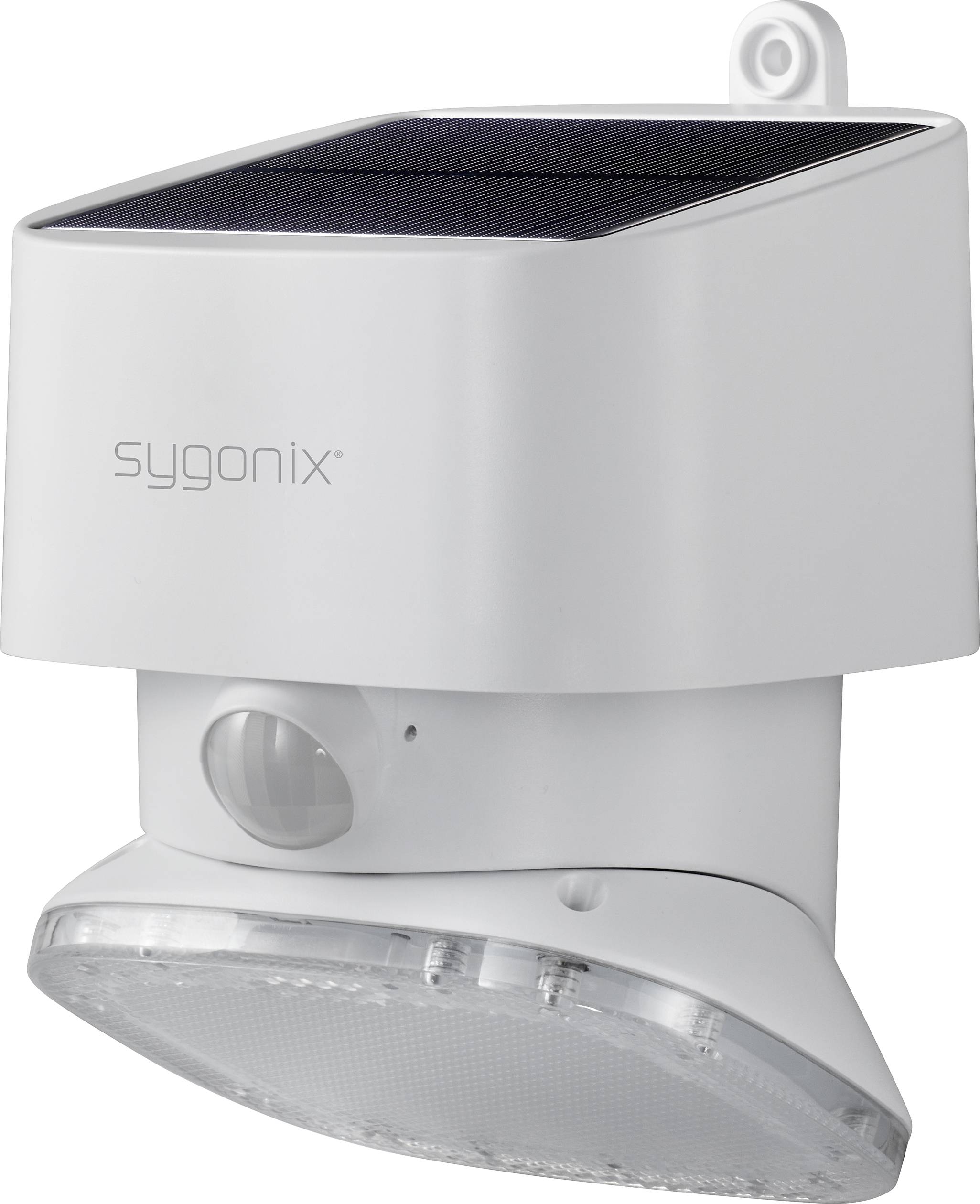 Zonne-energie aangedreven witte veiligheidslamp van Sygonix met bewegingsmelder, geschikt voor buitengebruik.