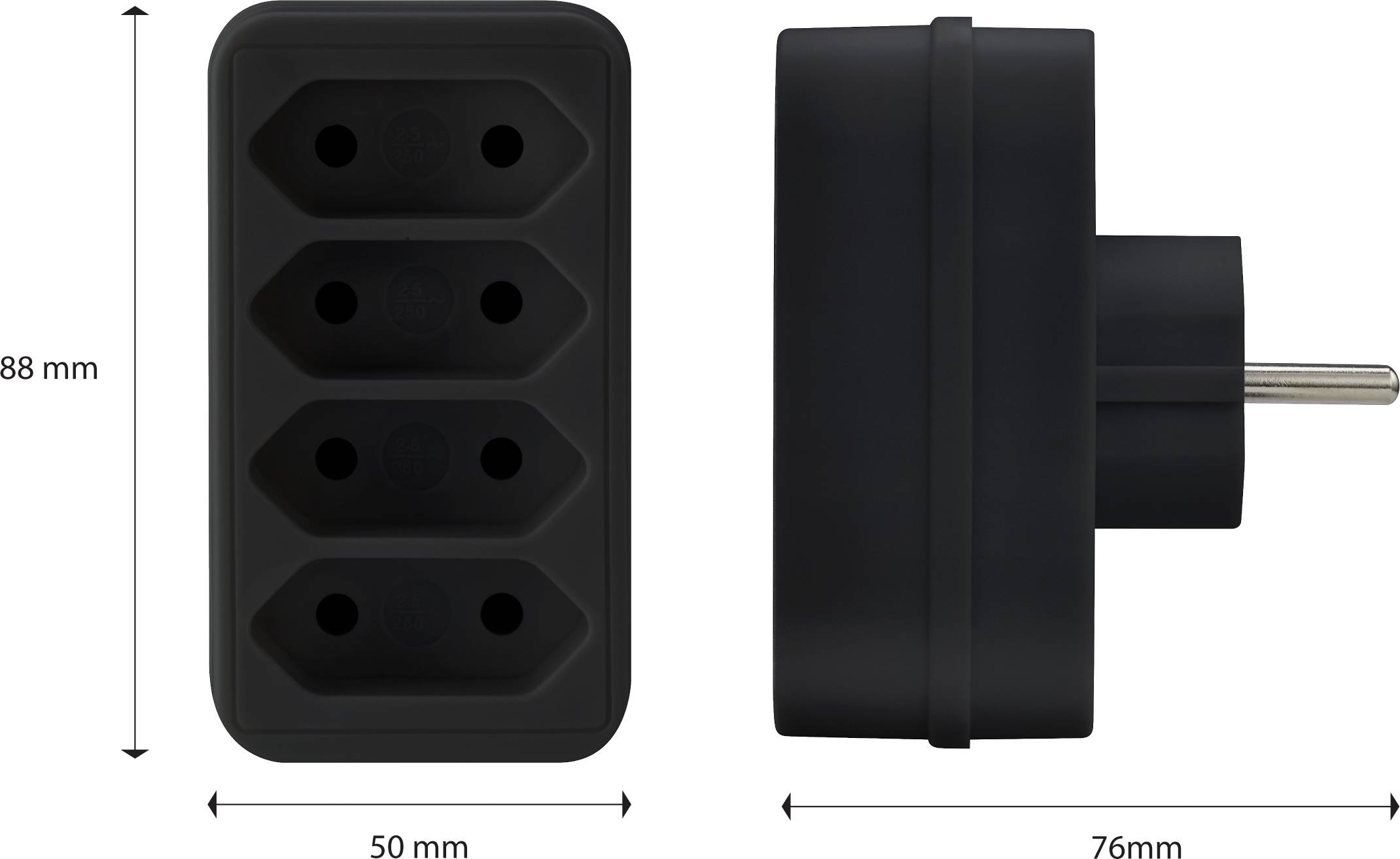 'Zwarte stekkerdoos' met vier aansluitingen, afmetingen 88 mm x 50 mm x 76 mm, zij- en vooraanzicht.